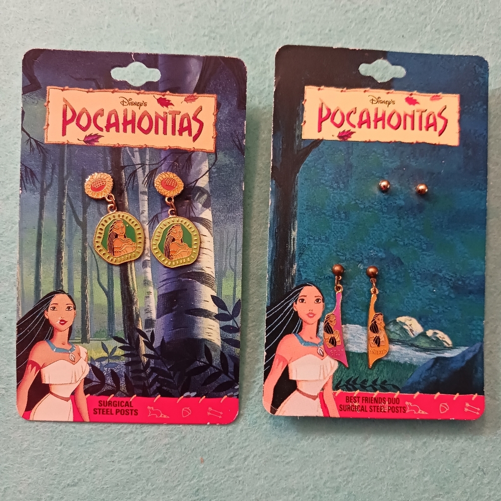 2- 1990s Disney POCAHONTAS Earrings New On Original Cards, 30 Yrs Old